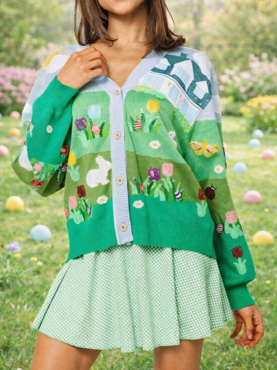 QUEEN OF SPARKLES Sweaters - NWT Queen of Sparkles Multi Easter Bunnies & Eggs in Yard Scene Button Up Cardig